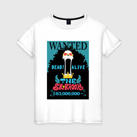 Женская футболка хлопок с принтом Брук в Петрозаводске, 100% хлопок | прямой крой, круглый вырез горловины, длина до линии бедер, слегка спущенное плечо | one piece | wanted | брук | ван пис | розыск