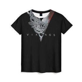 Женская футболка 3D с принтом Эмблема Викингов в Петрозаводске, 100% полиэфир ( синтетическое хлопкоподобное полотно) | прямой крой, круглый вырез горловины, длина до линии бедер | vikings | вальхалла | викинги | лого | рагнар лодброк | сериалы | эмблема