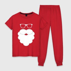 Женская пижама хлопок с принтом Дед Мороз, борода из ваты в Петрозаводске, 100% хлопок | брюки и футболка прямого кроя, без карманов, на брюках мягкая резинка на поясе и по низу штанин | борода