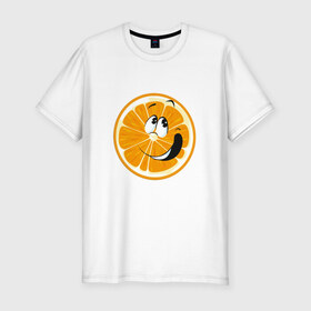 Мужская футболка премиум с принтом Веселый апельсин в Петрозаводске, 92% хлопок, 8% лайкра | приталенный силуэт, круглый вырез ворота, длина до линии бедра, короткий рукав | апельсин | прикольная | рожа | рожица | фрукт