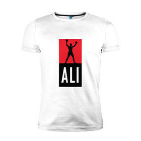 Мужская футболка премиум с принтом Ali by boxcluber в Петрозаводске, 92% хлопок, 8% лайкра | приталенный силуэт, круглый вырез ворота, длина до линии бедра, короткий рукав | Тематика изображения на принте: muhammad ali | мухаммед али