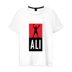 Мужская футболка хлопок с принтом Ali by boxcluber в Петрозаводске, 100% хлопок | прямой крой, круглый вырез горловины, длина до линии бедер, слегка спущенное плечо. | Тематика изображения на принте: muhammad ali | мухаммед али