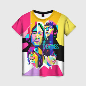 Женская футболка 3D с принтом The Beatles в Петрозаводске, 100% полиэфир ( синтетическое хлопкоподобное полотно) | прямой крой, круглый вырез горловины, длина до линии бедер | beatles | rock | the beatles | битлз | битлс | битлы | рок