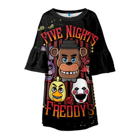 Детское платье 3D с принтом Five Nights At Freddy`s в Петрозаводске, 100% полиэстер | прямой силуэт, чуть расширенный к низу. Круглая горловина, на рукавах — воланы | Тематика изображения на принте: five nights at freddys | fnaf | freddy | игры | медведь | мишка | фнаф | фредди