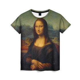 Женская футболка 3D с принтом Леонардо да Винчи - Мона Лиза в Петрозаводске, 100% полиэфир ( синтетическое хлопкоподобное полотно) | прямой крой, круглый вырез горловины, длина до линии бедер | картина | леонардо да винчи | лиза | мона | мона лиза | художник