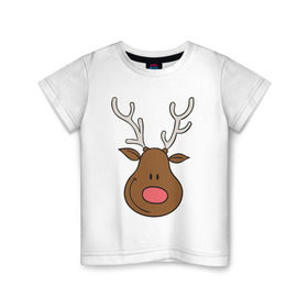 Детская футболка хлопок с принтом Улыбка оленя в Петрозаводске, 100% хлопок | круглый вырез горловины, полуприлегающий силуэт, длина до линии бедер | милый | новый год | олень | рога | рождество | улыбка
