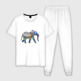 Мужская пижама хлопок с принтом Слон. Мозаика. Индия в Петрозаводске, 100% хлопок | брюки и футболка прямого кроя, без карманов, на брюках мягкая резинка на поясе и по низу штанин
 | Тематика изображения на принте: индия | мозаика | слон