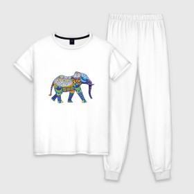 Женская пижама хлопок с принтом Слон. Мозаика. Индия в Петрозаводске, 100% хлопок | брюки и футболка прямого кроя, без карманов, на брюках мягкая резинка на поясе и по низу штанин | Тематика изображения на принте: индия | мозаика | слон