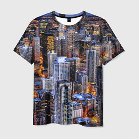 Мужская футболка 3D с принтом Вечерний город в Петрозаводске, 100% полиэфир | прямой крой, круглый вырез горловины, длина до линии бедер | ночь | огни | пейзаж