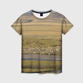 Женская футболка 3D с принтом Долина жизни в Петрозаводске, 100% полиэфир ( синтетическое хлопкоподобное полотно) | прямой крой, круглый вырез горловины, длина до линии бедер | Тематика изображения на принте: алтай | горы | долина | камни | пастбище в горной долинеживотные | пески | пустыни | рек