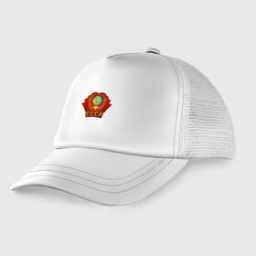 Детская кепка тракер с принтом Герб СССР в Петрозаводске, Козырек - 100% хлопок. Кепка - 100% полиэстер, Задняя часть - сетка | универсальный размер, пластиковая застёжка | Тематика изображения на принте: ussr | кпрф | кпсс | россия | серп и молот | союз | флаг