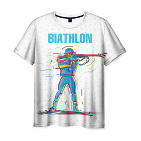 Мужская футболка 3D с принтом Биатлон в Петрозаводске, 100% полиэфир | прямой крой, круглый вырез горловины, длина до линии бедер | biathlon | sport | winter | биатлон | биатлонисты | зимние виды спорта | спорт | стрельба