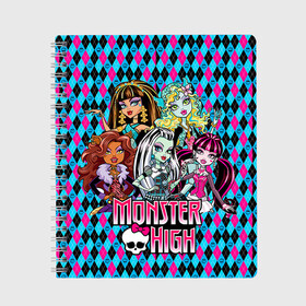 Тетрадь с принтом Monster High в Петрозаводске, 100% бумага | 48 листов, плотность листов — 60 г/м2, плотность картонной обложки — 250 г/м2. Листы скреплены сбоку удобной пружинной спиралью. Уголки страниц и обложки скругленные. Цвет линий — светло-серый
 | Тематика изображения на принте: монстер хай