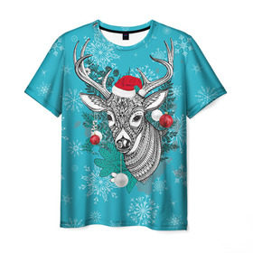 Мужская футболка 3D с принтом Новогодний олень в Петрозаводске, 100% полиэфир | прямой крой, круглый вырез горловины, длина до линии бедер | 2016 | christmas | deer | год | новогодний | новый | олень | рождественский | с новым годом