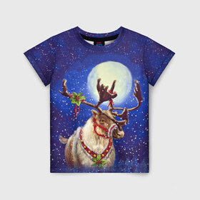 Детская футболка 3D с принтом Christmas deer в Петрозаводске, 100% гипоаллергенный полиэфир | прямой крой, круглый вырез горловины, длина до линии бедер, чуть спущенное плечо, ткань немного тянется | Тематика изображения на принте: 2016 | christmas | deer | год | новогодний | новый | олень | рождественский | с новым годом