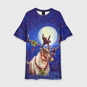 Детское платье 3D с принтом Christmas deer в Петрозаводске, 100% полиэстер | прямой силуэт, чуть расширенный к низу. Круглая горловина, на рукавах — воланы | 2016 | christmas | deer | год | новогодний | новый | олень | рождественский | с новым годом