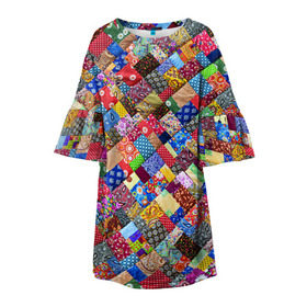 Детское платье 3D с принтом Лоскутное шитьё в Петрозаводске, 100% полиэстер | прямой силуэт, чуть расширенный к низу. Круглая горловина, на рукавах — воланы | Тематика изображения на принте: лоскут | одежда | текстура | ткань | шитьё