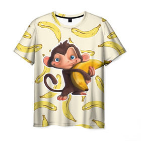Мужская футболка 3D с принтом Обезьяна с бананом в Петрозаводске, 100% полиэфир | прямой крой, круглый вырез горловины, длина до линии бедер | Тематика изображения на принте: мартышка | обезьяна