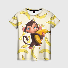 Женская футболка 3D с принтом Обезьяна с бананом в Петрозаводске, 100% полиэфир ( синтетическое хлопкоподобное полотно) | прямой крой, круглый вырез горловины, длина до линии бедер | мартышка | обезьяна