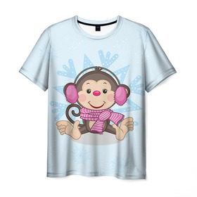 Мужская футболка 3D с принтом Обезьянка в Петрозаводске, 100% полиэфир | прямой крой, круглый вырез горловины, длина до линии бедер | 2016 | год | мартышка | новый | обезьяна | с новым год | снежинка