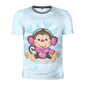 Мужская футболка 3D спортивная с принтом Обезьянка в Петрозаводске, 100% полиэстер с улучшенными характеристиками | приталенный силуэт, круглая горловина, широкие плечи, сужается к линии бедра | 2016 | год | мартышка | новый | обезьяна | с новым год | снежинка