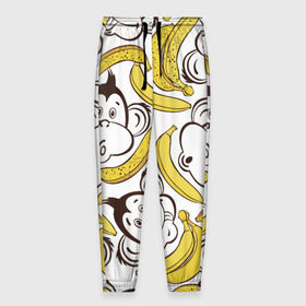 Мужские брюки 3D с принтом Обезьянки и бананы в Петрозаводске, 100% полиэстер | манжеты по низу, эластичный пояс регулируется шнурком, по бокам два кармана без застежек, внутренняя часть кармана из мелкой сетки | Тематика изображения на принте: банан
