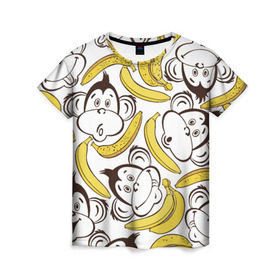 Женская футболка 3D с принтом Обезьянки и бананы в Петрозаводске, 100% полиэфир ( синтетическое хлопкоподобное полотно) | прямой крой, круглый вырез горловины, длина до линии бедер | банан