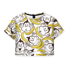 Женская футболка 3D укороченная с принтом Обезьянки и бананы в Петрозаводске, 100% полиэстер | круглая горловина, длина футболки до линии талии, рукава с отворотами | банан