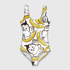 Купальник-боди 3D с принтом Обезьянки и бананы в Петрозаводске, 82% полиэстер, 18% эластан | Круглая горловина, круглый вырез на спине | банан