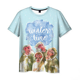 Мужская футболка 3D с принтом Зимняя пора в Петрозаводске, 100% полиэфир | прямой крой, круглый вырез горловины, длина до линии бедер | winter | год | зима | мартышка | новогодний | новый | обезьяна | обезьянка | подарок | с новым годом | снег