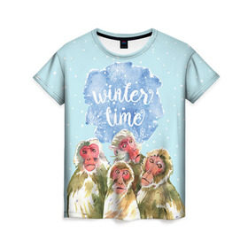 Женская футболка 3D с принтом Зимняя пора в Петрозаводске, 100% полиэфир ( синтетическое хлопкоподобное полотно) | прямой крой, круглый вырез горловины, длина до линии бедер | winter | год | зима | мартышка | новогодний | новый | обезьяна | обезьянка | подарок | с новым годом | снег