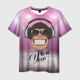 Мужская футболка 3D с принтом Веселого Нового Года! в Петрозаводске, 100% полиэфир | прямой крой, круглый вырез горловины, длина до линии бедер | 2016 | год | мартышка | новогодний | новый | обезьяна | обезьянка | подарок | с новым годом