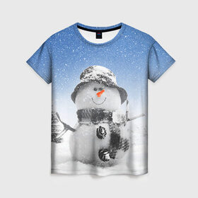 Женская футболка 3D с принтом Снеговик в Петрозаводске, 100% полиэфир ( синтетическое хлопкоподобное полотно) | прямой крой, круглый вырез горловины, длина до линии бедер | 2016 | winter | год | зима | мартышка | новогодний | новый | обезьяна | обезьянка | подарок | с новым годом | снег | снеговик