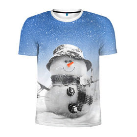 Мужская футболка 3D спортивная с принтом Снеговик в Петрозаводске, 100% полиэстер с улучшенными характеристиками | приталенный силуэт, круглая горловина, широкие плечи, сужается к линии бедра | 2016 | winter | год | зима | мартышка | новогодний | новый | обезьяна | обезьянка | подарок | с новым годом | снег | снеговик