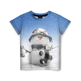 Детская футболка 3D с принтом Снеговик в Петрозаводске, 100% гипоаллергенный полиэфир | прямой крой, круглый вырез горловины, длина до линии бедер, чуть спущенное плечо, ткань немного тянется | Тематика изображения на принте: 2016 | winter | год | зима | мартышка | новогодний | новый | обезьяна | обезьянка | подарок | с новым годом | снег | снеговик