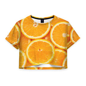 Женская футболка 3D укороченная с принтом Апельсинчик в Петрозаводске, 100% полиэстер | круглая горловина, длина футболки до линии талии, рукава с отворотами | Тематика изображения на принте: orange | апельсин | фрукты