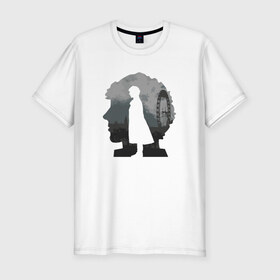 Мужская футболка премиум с принтом Sherlock World в Петрозаводске, 92% хлопок, 8% лайкра | приталенный силуэт, круглый вырез ворота, длина до линии бедра, короткий рукав | англия | британия | детектив | холмс | шерлок