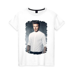 Женская футболка хлопок с принтом David Beckham в Петрозаводске, 100% хлопок | прямой крой, круглый вырез горловины, длина до линии бедер, слегка спущенное плечо | david beckham | англия | дэвид бекхэм | лига чемпионов | мадрид | мю | реал | футбол