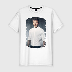 Мужская футболка премиум с принтом David Beckham в Петрозаводске, 92% хлопок, 8% лайкра | приталенный силуэт, круглый вырез ворота, длина до линии бедра, короткий рукав | david beckham | англия | дэвид бекхэм | лига чемпионов | мадрид | мю | реал | футбол