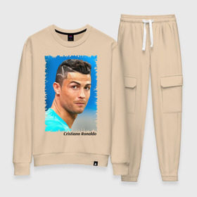 Женский костюм хлопок с принтом Cristiano Ronaldo в Петрозаводске, 100% хлопок | на свитшоте круглая горловина, мягкая резинка по низу. Брюки заужены к низу, на них два вида карманов: два 