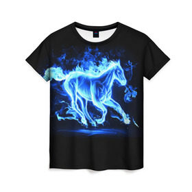 Женская футболка 3D с принтом Ледяной конь в Петрозаводске, 100% полиэфир ( синтетическое хлопкоподобное полотно) | прямой крой, круглый вырез горловины, длина до линии бедер | арт | лёд | лошадь | огонь | пламя