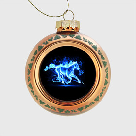 Стеклянный ёлочный шар с принтом Ледяной конь в Петрозаводске, Стекло | Диаметр: 80 мм | Тематика изображения на принте: арт | лёд | лошадь | огонь | пламя
