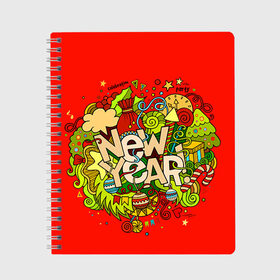 Тетрадь с принтом New Year в Петрозаводске, 100% бумага | 48 листов, плотность листов — 60 г/м2, плотность картонной обложки — 250 г/м2. Листы скреплены сбоку удобной пружинной спиралью. Уголки страниц и обложки скругленные. Цвет линий — светло-серый
 | 2016 | new year | год | новогодний | новый | подарок | с новым годом