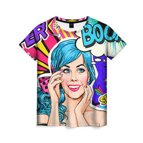 Женская футболка 3D с принтом Pop art в Петрозаводске, 100% полиэфир ( синтетическое хлопкоподобное полотно) | прямой крой, круглый вырез горловины, длина до линии бедер | bang | boom | omg | pop art | super | wow | wtf | арт | поп | ретро | уорхол | энди