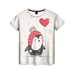 Женская футболка 3D с принтом Пингвин с шариком в Петрозаводске, 100% полиэфир ( синтетическое хлопкоподобное полотно) | прямой крой, круглый вырез горловины, длина до линии бедер | пингвин
