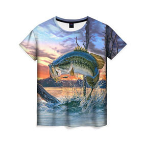 Женская футболка 3D с принтом Рыба в Петрозаводске, 100% полиэфир ( синтетическое хлопкоподобное полотно) | прямой крой, круглый вырез горловины, длина до линии бедер | fishing | рыба | рыбак | рыбалка | туризм