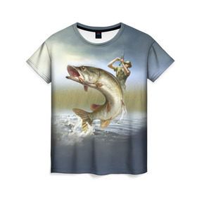 Женская футболка 3D с принтом Щука в Петрозаводске, 100% полиэфир ( синтетическое хлопкоподобное полотно) | прямой крой, круглый вырез горловины, длина до линии бедер | fishing | рыба | рыбак | рыбалка | туризм | щука
