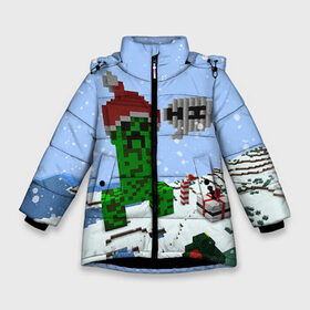 Зимняя куртка для девочек 3D с принтом Minecraft в Петрозаводске, ткань верха — 100% полиэстер; подклад — 100% полиэстер, утеплитель — 100% полиэстер. | длина ниже бедра, удлиненная спинка, воротник стойка и отстегивающийся капюшон. Есть боковые карманы с листочкой на кнопках, утяжки по низу изделия и внутренний карман на молнии. 

Предусмотрены светоотражающий принт на спинке, радужный светоотражающий элемент на пуллере молнии и на резинке для утяжки. | creeper | крипер | майнкрафт | новогодний