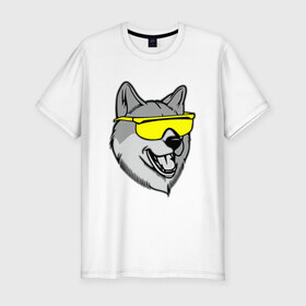 Мужская футболка премиум с принтом Хаски в очках в Петрозаводске, 92% хлопок, 8% лайкра | приталенный силуэт, круглый вырез ворота, длина до линии бедра, короткий рукав | голова | животные | очки | пес | собака | хаски
