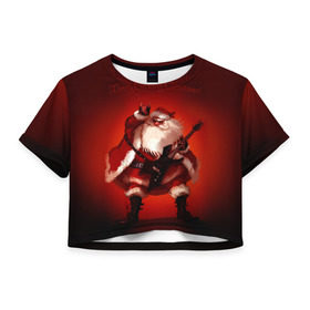 Женская футболка 3D укороченная с принтом Дед мороз рокер в Петрозаводске, 100% полиэстер | круглая горловина, длина футболки до линии талии, рукава с отворотами | heavy metal | rock | santa claus | дед мороз | рок | с новым годом | санта | санта клаус